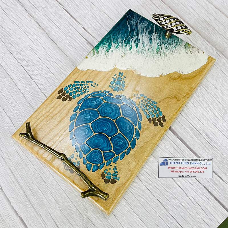 Vivid ocean pattern epoxy wooden tray [WTR011]