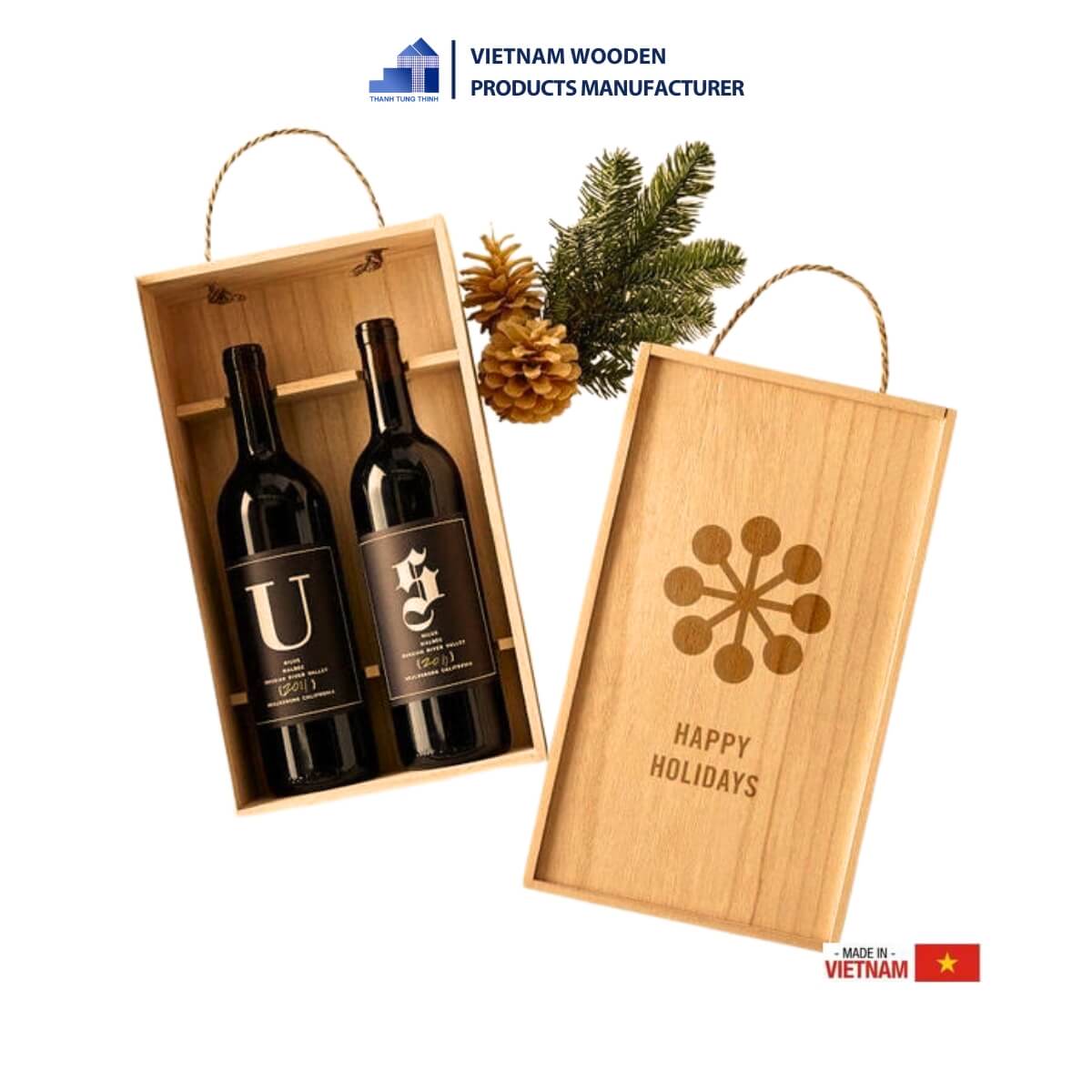 Classic 2 Bottle Wooden Wine Box with Snap-on Lid Design [WB006]