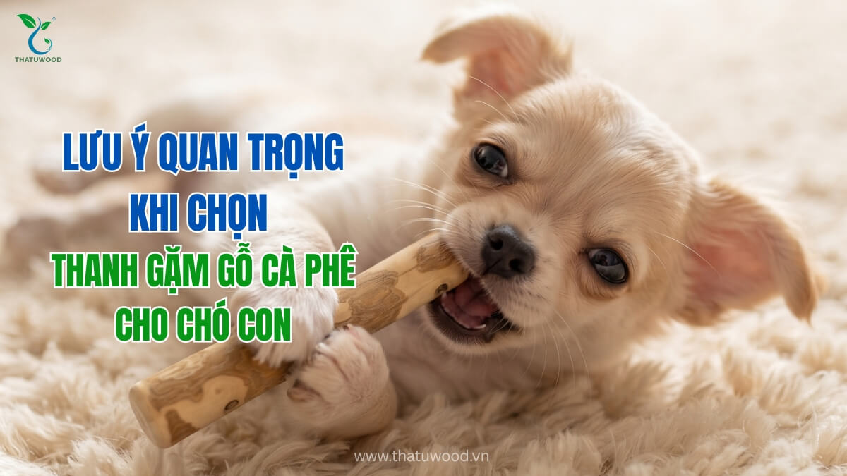 Những Lưu Ý Quan Trọng Khi Chọn Thanh Gặm Gỗ Cà Phê Cho Chó Con 1 Chú cún nhỏ đang gặm đồ chơi kèm thông tin lưu ý quan trọng khi chọn thanh gặm gỗ cà phê cho chó con