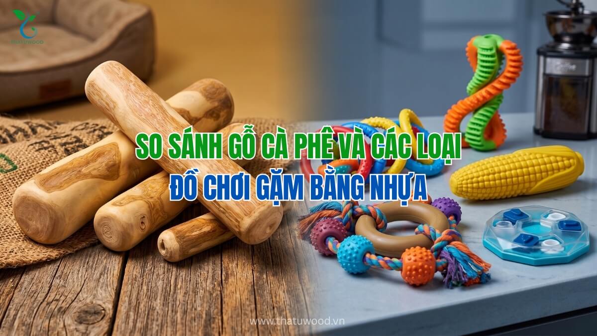 So Sánh Gỗ Cà Phê Và Các Loại Đồ Chơi Gặm Bằng Nhựa 1 Bảng so sánh gỗ cà phê và các loại đồ chơi gặm bằng nhựa trực diện đặt cạnh nhau nhằm phân tích chất liệu