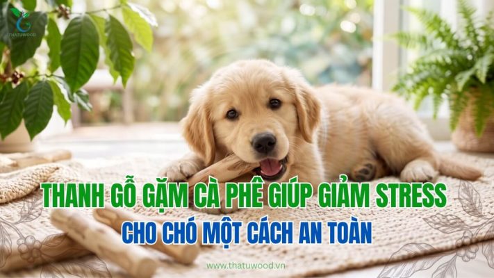chú cún con đang vui vẻ gặm thanh gỗ gặm cà phê giúp giảm stress cho chó tại nhà