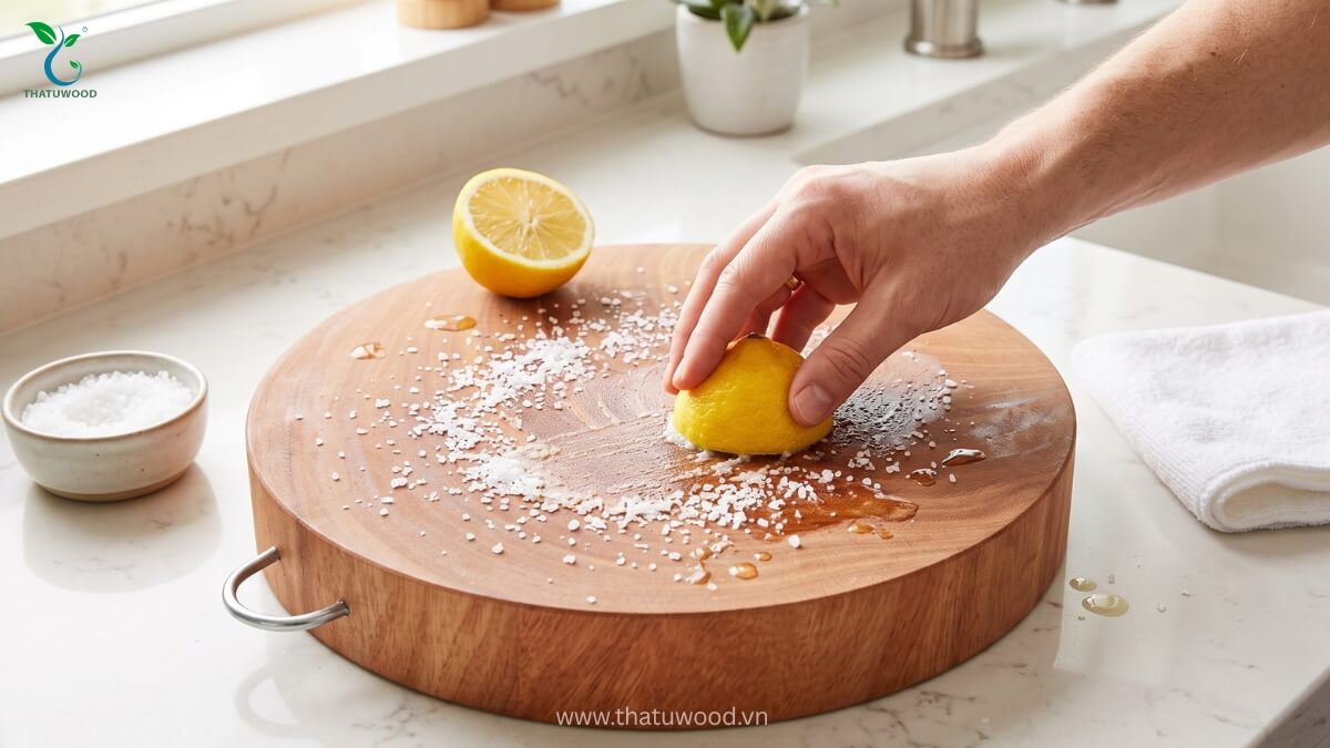 Vệ sinh thớt bằng chanh sau khi thực hiện cách xử lý thớt gỗ nghiến mới mua