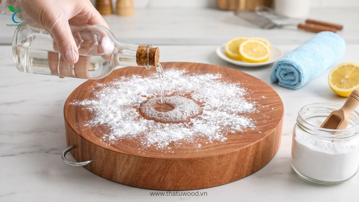 Làm sạch thớt bằng baking soda và giấm sau cách xử lý thớt gỗ nghiến mới mua