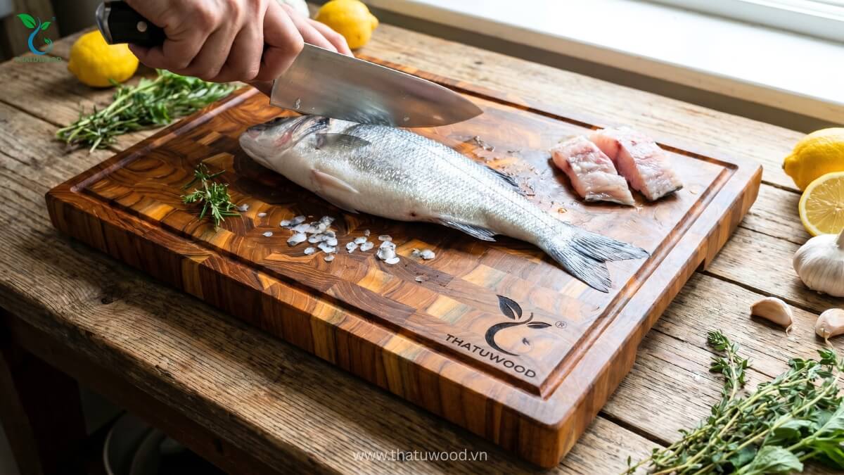 Thớt Gỗ Xà Cừ Có Tốt Không? Có Được Ưa Chuộng Hơn So Với Thớt Gỗ Teak 6 Sử dụng thớt gỗ Teak Thatuwood chế biến hải sản