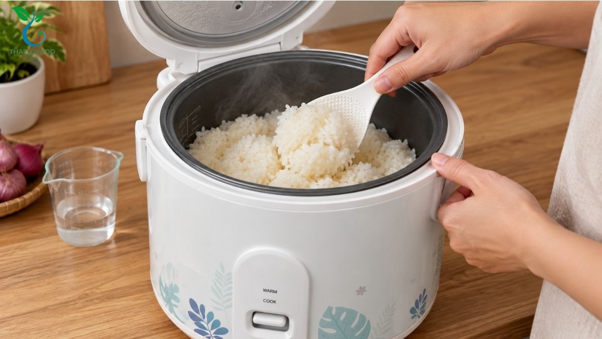 Cách Nấu Xôi Bằng Nồi Cơm Điện Dẻo Ngon 6 Rưới nước nóng và xới đều phần nếp sượng ở cách nấu xôi bằng nồi cơm điện