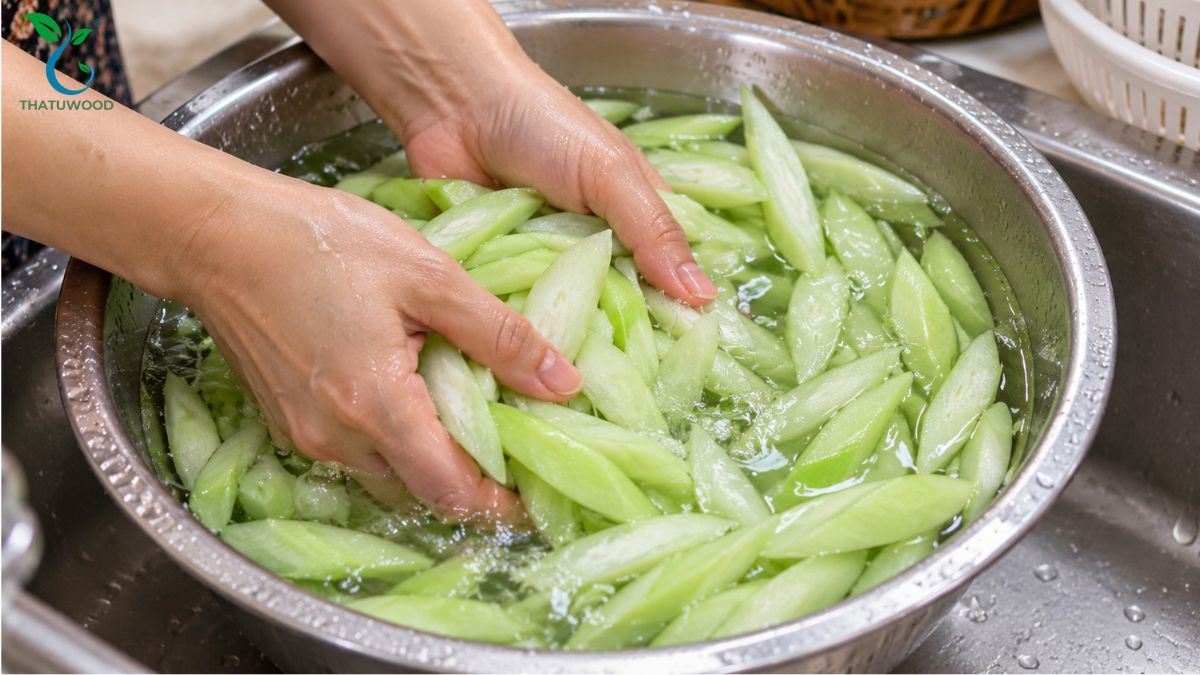 Xả sạch muối và dùng tay xô ép ráo nước trong thau theo cách làm dọc mùng không ngứa