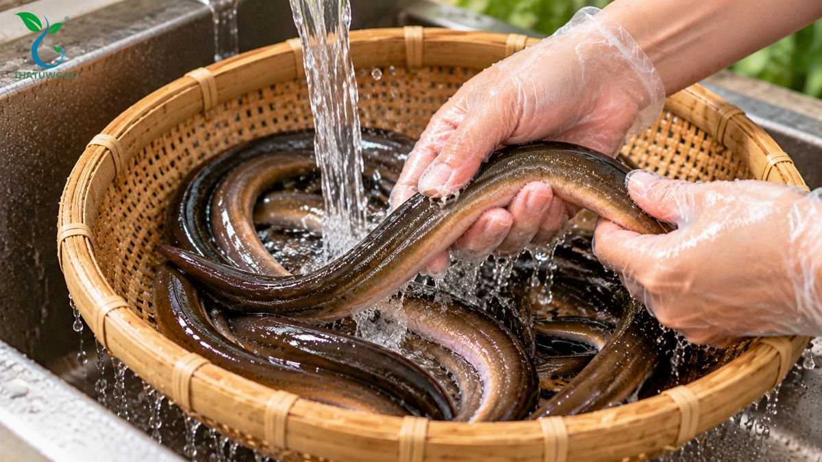 Cách Làm Lươn Hết Nhớt: Đừng Để Một Bước Sơ Chế Làm Hỏng Cả Món 7 Lươn da vàng sạch bóng ráo nước trên rổ sau cách làm lươn hết nhớt