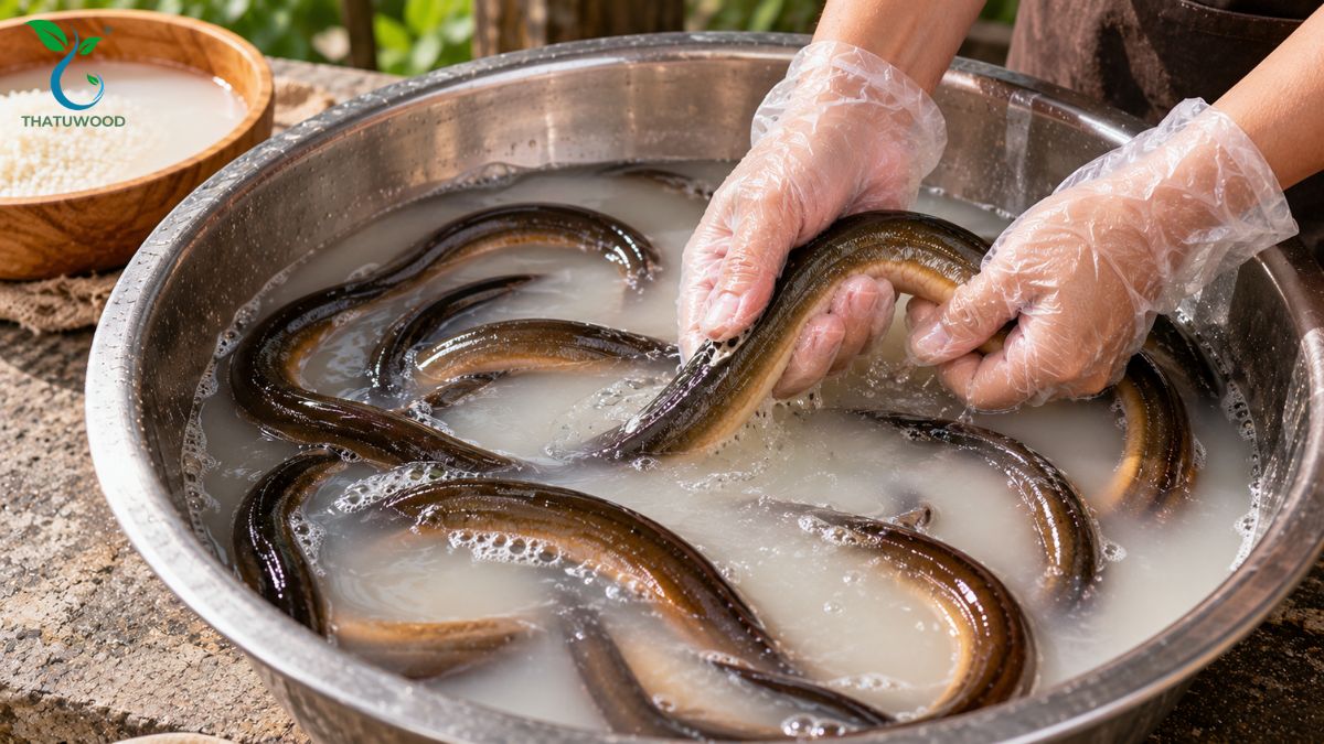 Cách Làm Lươn Hết Nhớt: Đừng Để Một Bước Sơ Chế Làm Hỏng Cả Món 9 Thả lươn vào thau nước vo gạo tuốt nhẹ tay theo cách làm lươn hết nhớt