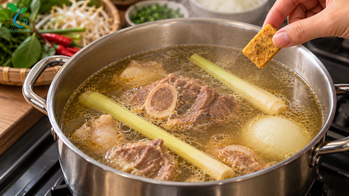Cách Nấu Bún Bò Huế Có Gói Gia Vị Ngon Như Ngoài Hàng 3 Cho gói gia vị thảo mộc vào nồi nước hầm ở cách nấu bún bò huế có gói gia vị