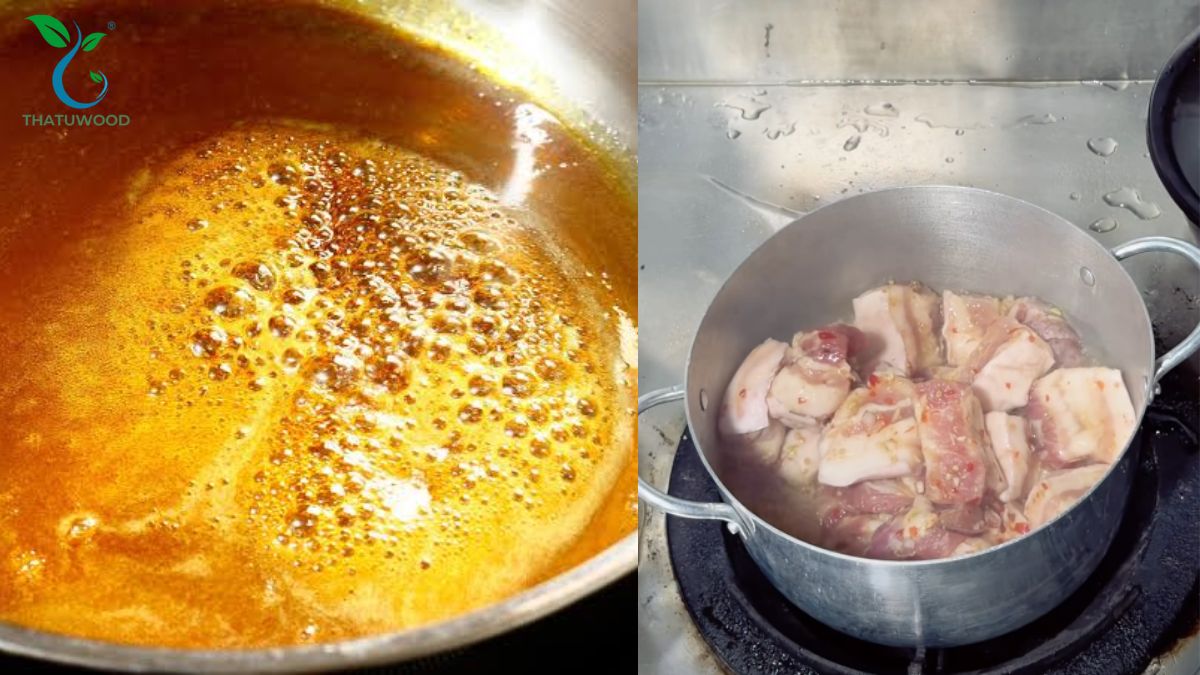Cách Nấu Thịt Kho Tàu Không Cần Nước Dừa Đậm Vị Quê Nhà 5 Xào săn thịt ba chỉ với nước màu caramel chuẩn bị cho cách nấu thịt kho tàu không cần nước dừa
