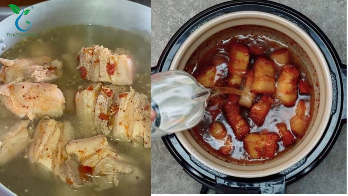 Cách Nấu Thịt Kho Tàu Không Cần Nước Dừa Đậm Vị Quê Nhà 6 Đổ nước nóng kho thịt ba chỉ trên lửa nhỏ cho cách nấu thịt kho tàu không cần nước dừa