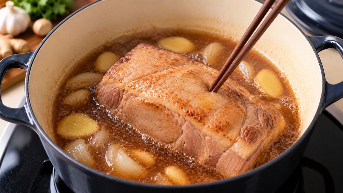Mách Bạn Cách Nấu Thịt Lợn Hầm Nguyên Khối Mềm Ngon Chuẩn Nhà Hàng 4 Đun liu riu nồi thịt và kiểm tra độ mềm của thịt lợn hầm nguyên khối bằng đũa