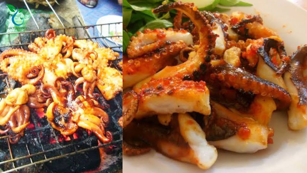 Cách Sơ Chế Bạch Tuộc Sạch Nhớt, Không Tanh, Giữ Độ Giòn 7 Trở đều từng xiên xúc tu nướng sa tế xém cạnh vàng ruộm từ cách sơ chế bạch tuộc