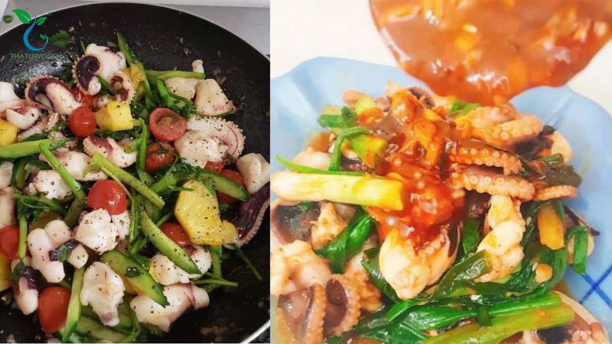 Cách Sơ Chế Bạch Tuộc Sạch Nhớt, Không Tanh, Giữ Độ Giòn 9 Trút đĩa bạch tuộc xào cần tây hành tây bóng bẩy từ cách sơ chế bạch tuộc