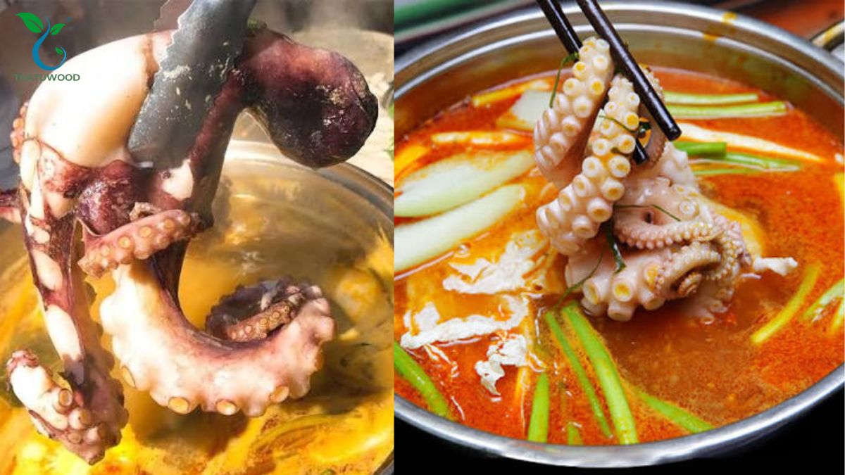 Cách Sơ Chế Bạch Tuộc Sạch Nhớt, Không Tanh, Giữ Độ Giòn 10 Dùng đũa gắp miếng xúc tu nhúng vào nồi nước lẩu sôi ùng ục nhờ cách sơ chế bạch tuộc