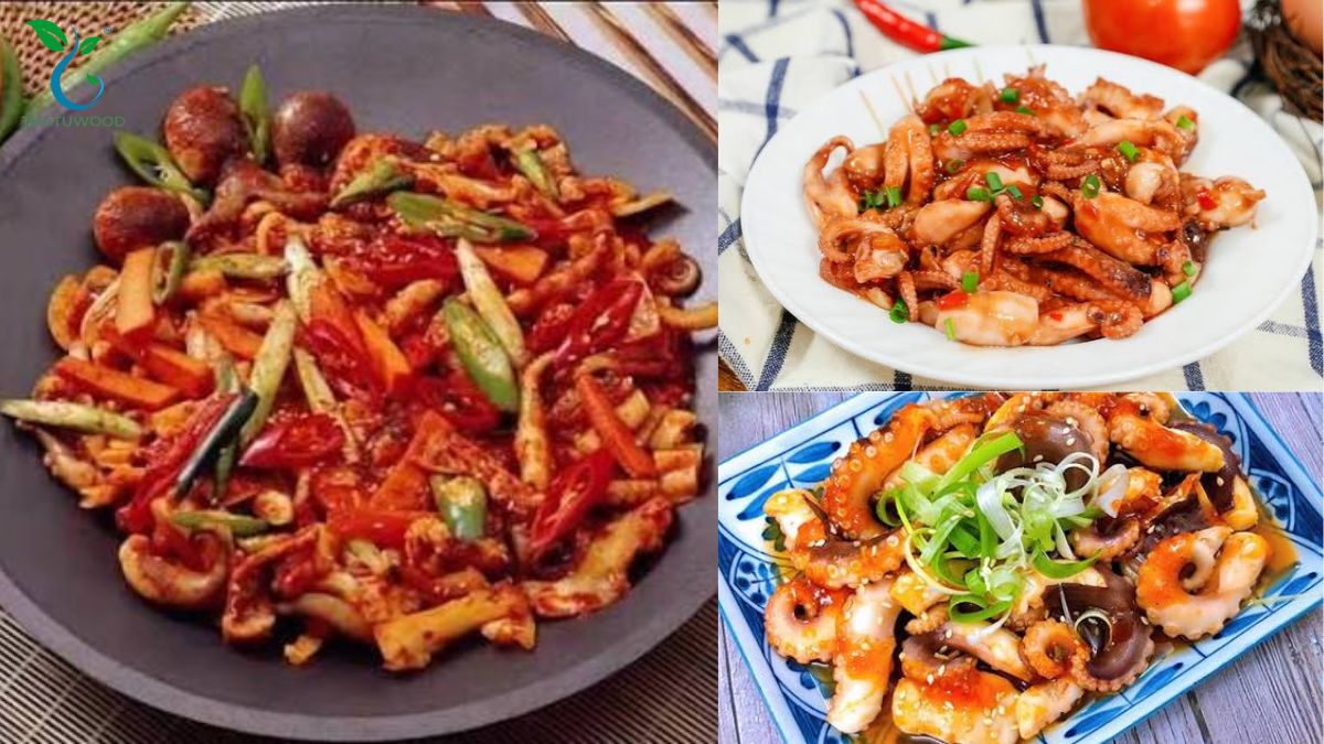 Cách Sơ Chế Bạch Tuộc Sạch Nhớt, Không Tanh, Giữ Độ Giòn 11 Chảo sốt gochujang đỏ rực bao bọc lấy từng miếng thịt giòn nhờ cách sơ chế bạch tuộc