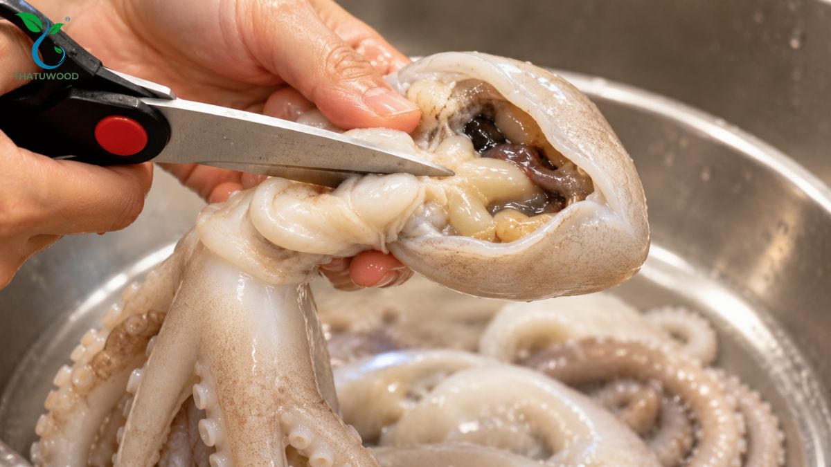 Cách Sơ Chế Bạch Tuộc Sạch Nhớt, Không Tanh, Giữ Độ Giòn 3 Lộn ngược phần đầu túi lấy sạch bọc nội tạng khi học cách sơ chế bạch tuộc