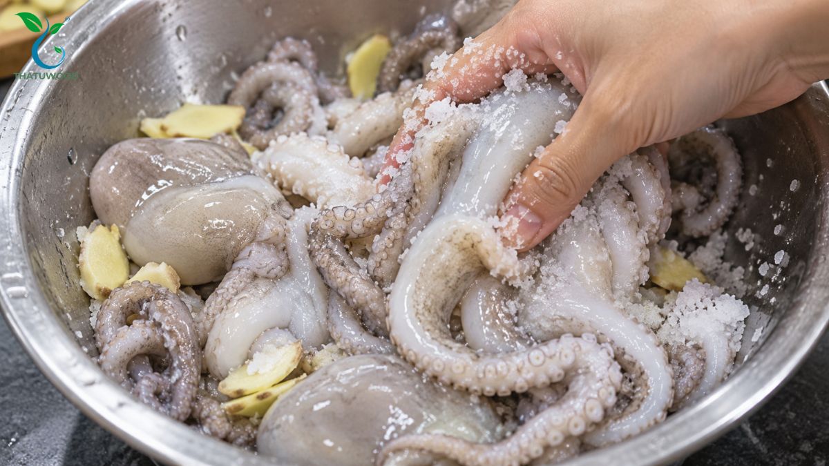 Cách Sơ Chế Bạch Tuộc Sạch Nhớt, Không Tanh, Giữ Độ Giòn 5 Bóp muối hạt và gừng giã nhuyễn khử nhớt theo cách sơ chế bạch tuộc