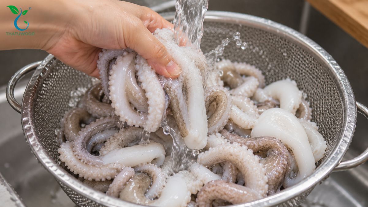 Cách Sơ Chế Bạch Tuộc Sạch Nhớt, Không Tanh, Giữ Độ Giòn 6 Cắt xúc tu bạch tuộc thành từng đoạn vừa ăn hoàn tất cách sơ chế bạch tuộc