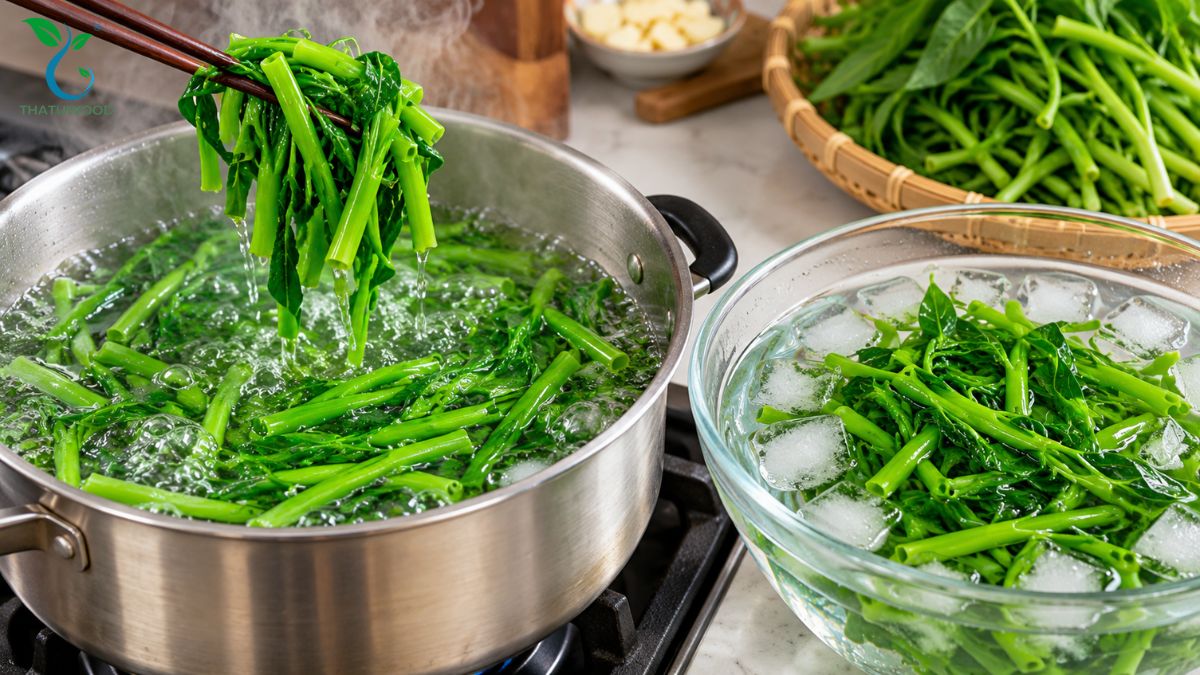 Rau Muống Xào Tỏi Thơm Ngon, Cả Nhà Ăn Là Mê 3 Vớt rau muống chần nước sôi ngâm ngay vào tô nước đá cho món rau muống xào tỏi