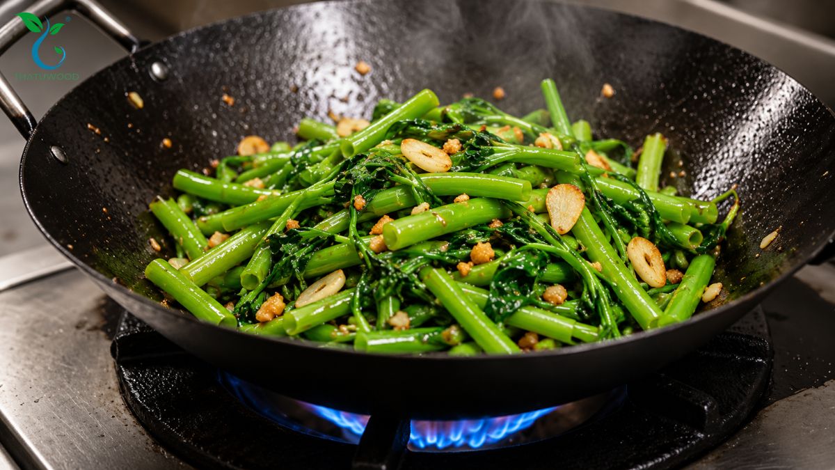 Rau Muống Xào Tỏi Thơm Ngon, Cả Nhà Ăn Là Mê 4 Đảo nhanh cọng rau xanh mướt trên chảo dầu nóng phi tỏi nấu rau muống xào tỏi